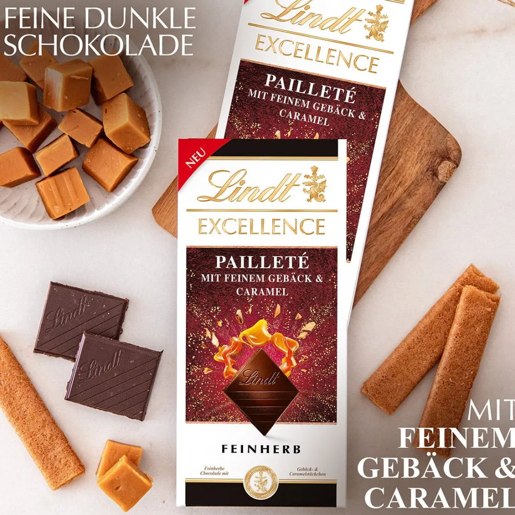 Sale EXCELLENCE Pailleté mit feinem Gebäck & Caramel, 100g Tafeln|Dunkel