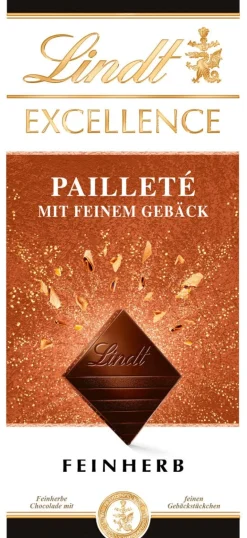 Clearance EXCELLENCE Pailleté mit feinem Gebäck, 100g Tafeln|Dunkel
